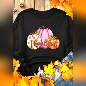 Black Pumpkin Thankful Drop Shoulder Thanksgiving Pullover Sweatshirt